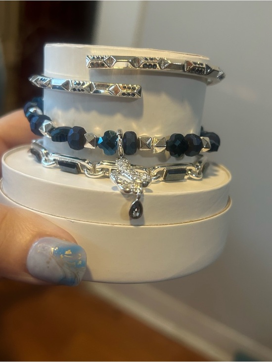Bomb Party Jewelry - Stacked Silver and Dark Blue Beaded Bracelet Set - Women's Jewelry